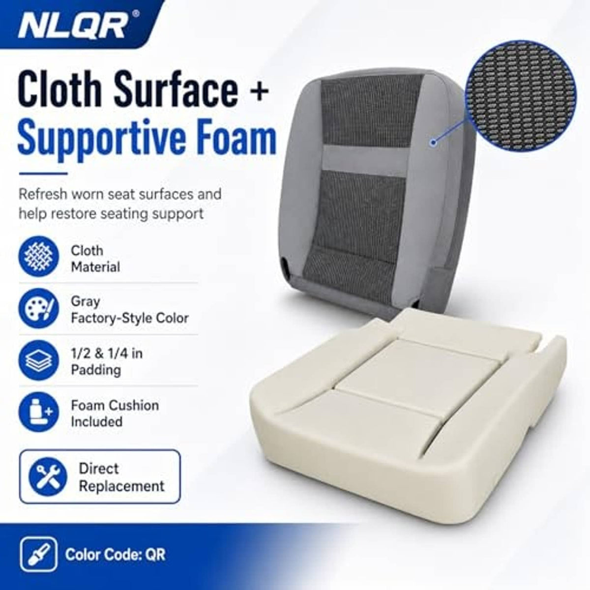 Gray cloth seat cover with supportive foam cushion base, textured fabric center