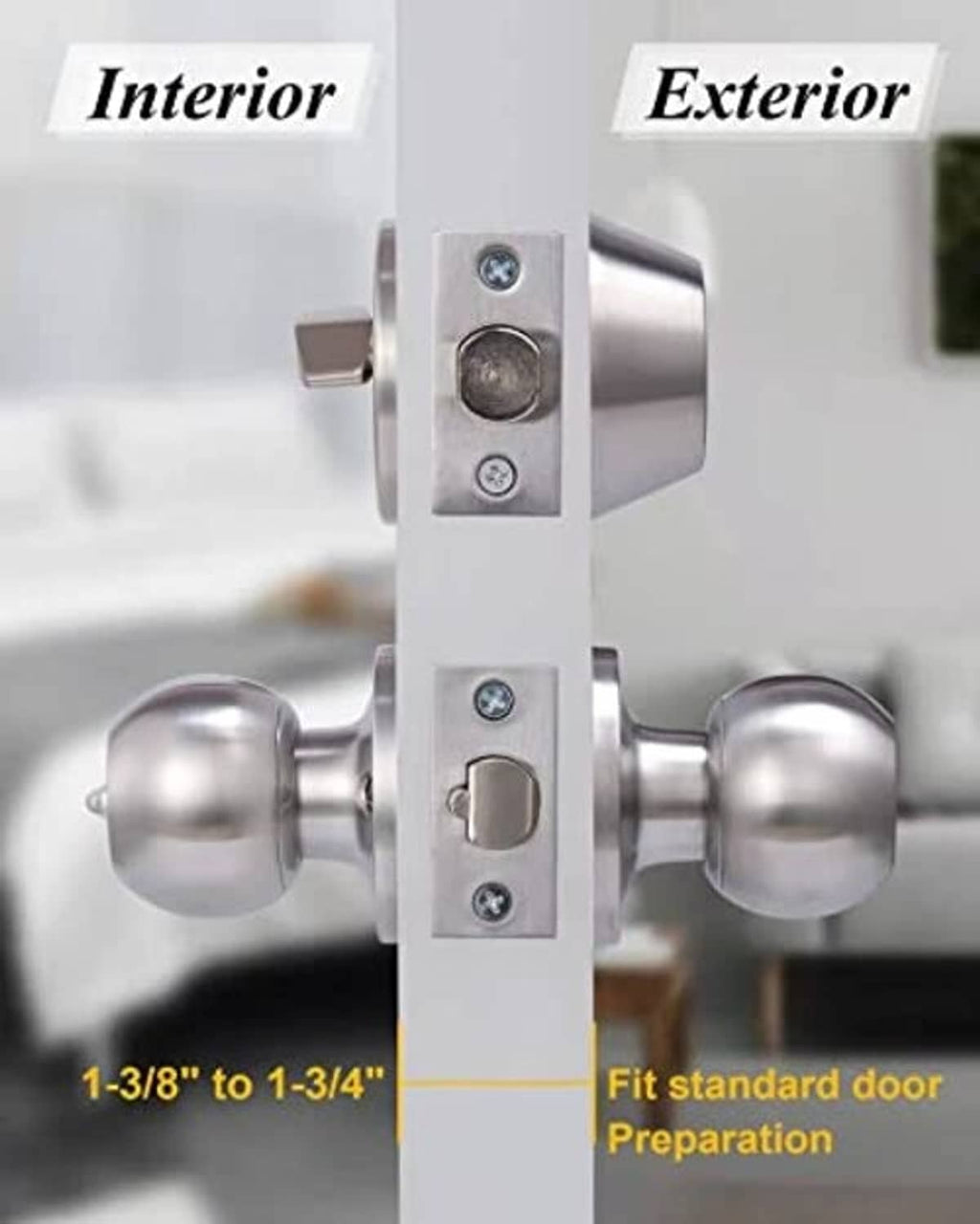 Deadbolt lockset interior and exterior view with latch plate and cylinder.