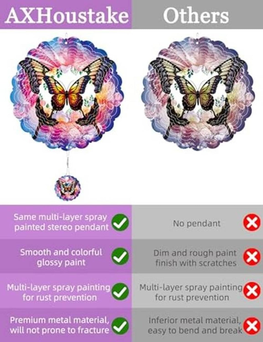 Two purple butterfly wind spinners with hanging metal pendant, layered blades
