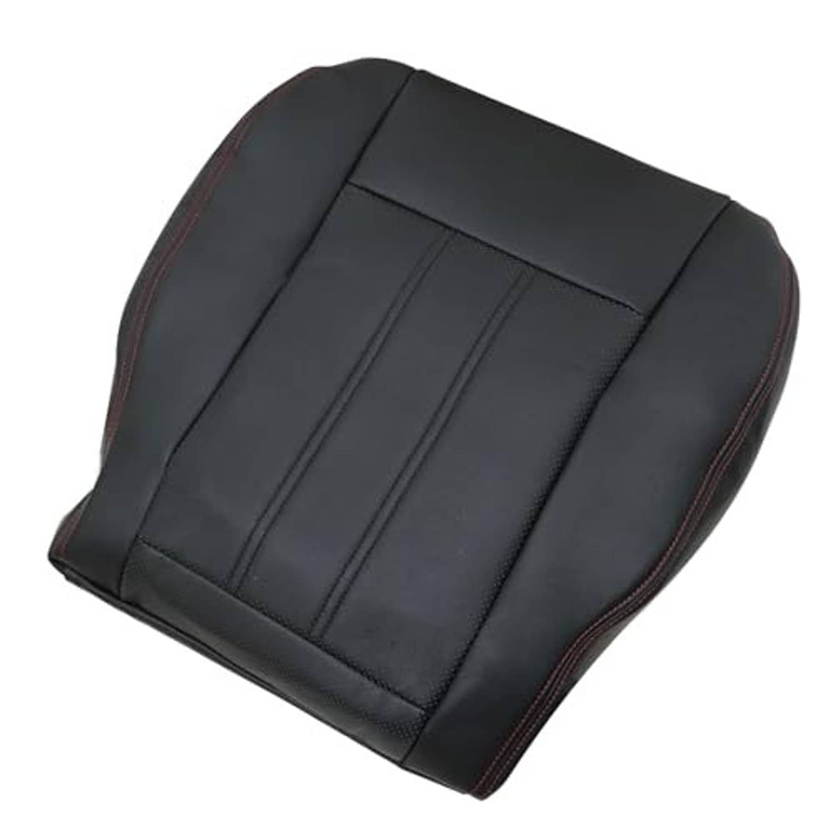 Black leather seat bottom replacement cover with red edge stitching and center seams
