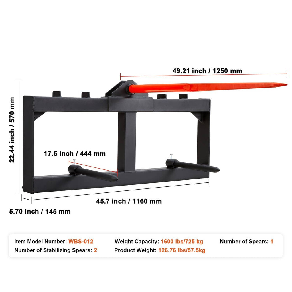 Black hay spear attachment with orange spear bar and two adjustable front prongs