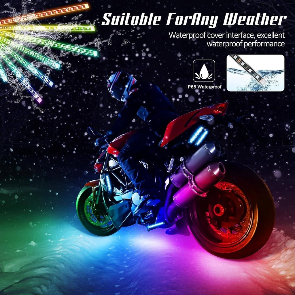 RGB motorcycle LED light kit with multicolor LED bars on the bike