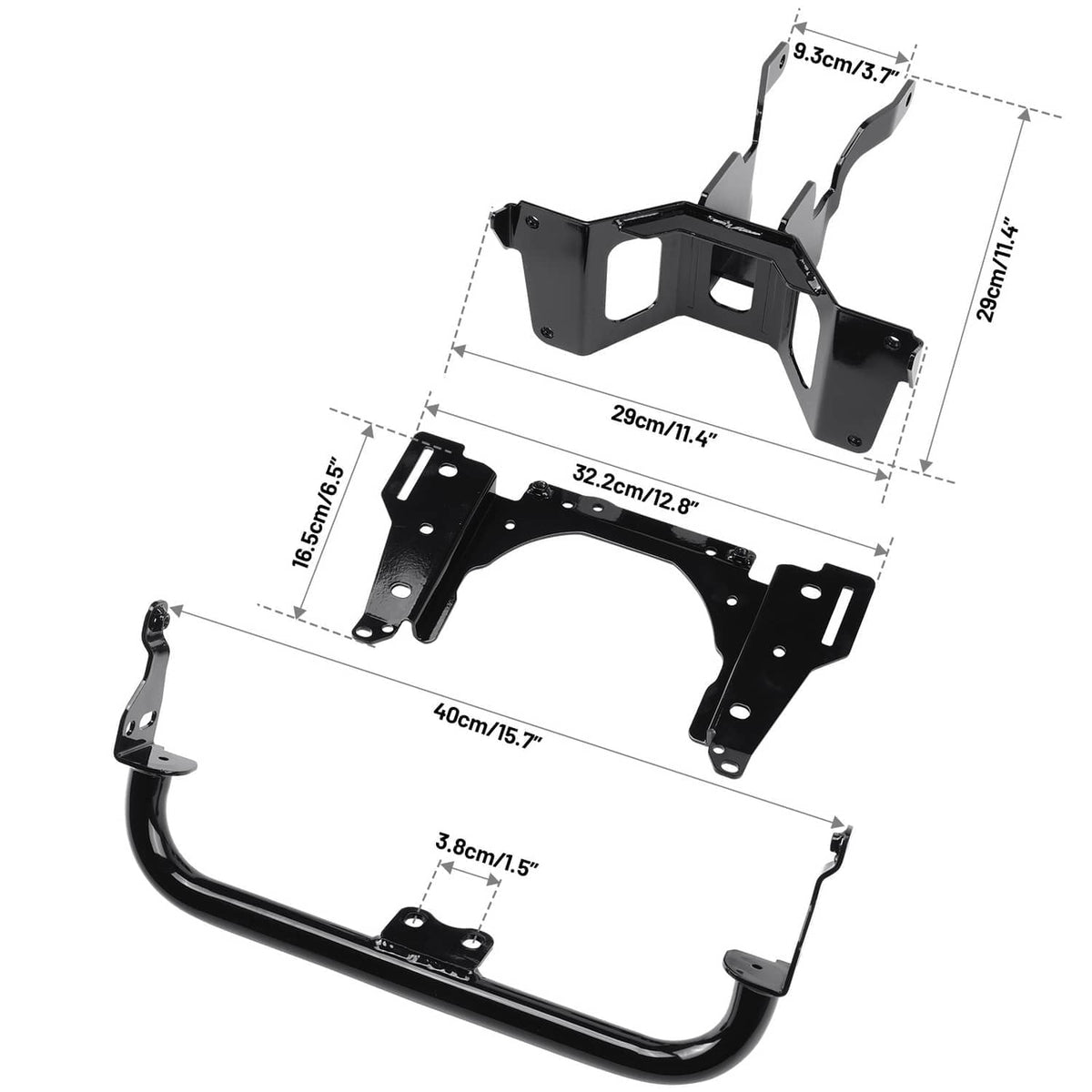 Motorcycle headlight fairing bracket set with mounting bars, black metal