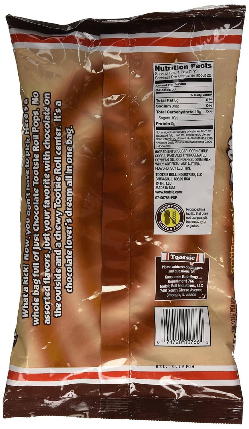 Chocolate Tootsie Pops limited edition candy bag, back label and nutrition panel