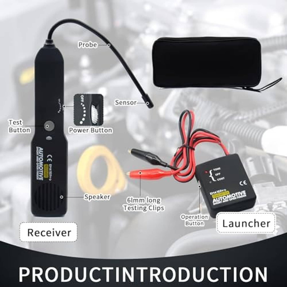 Automotive wire finder receiver and launcher units with 66mm long testing clips