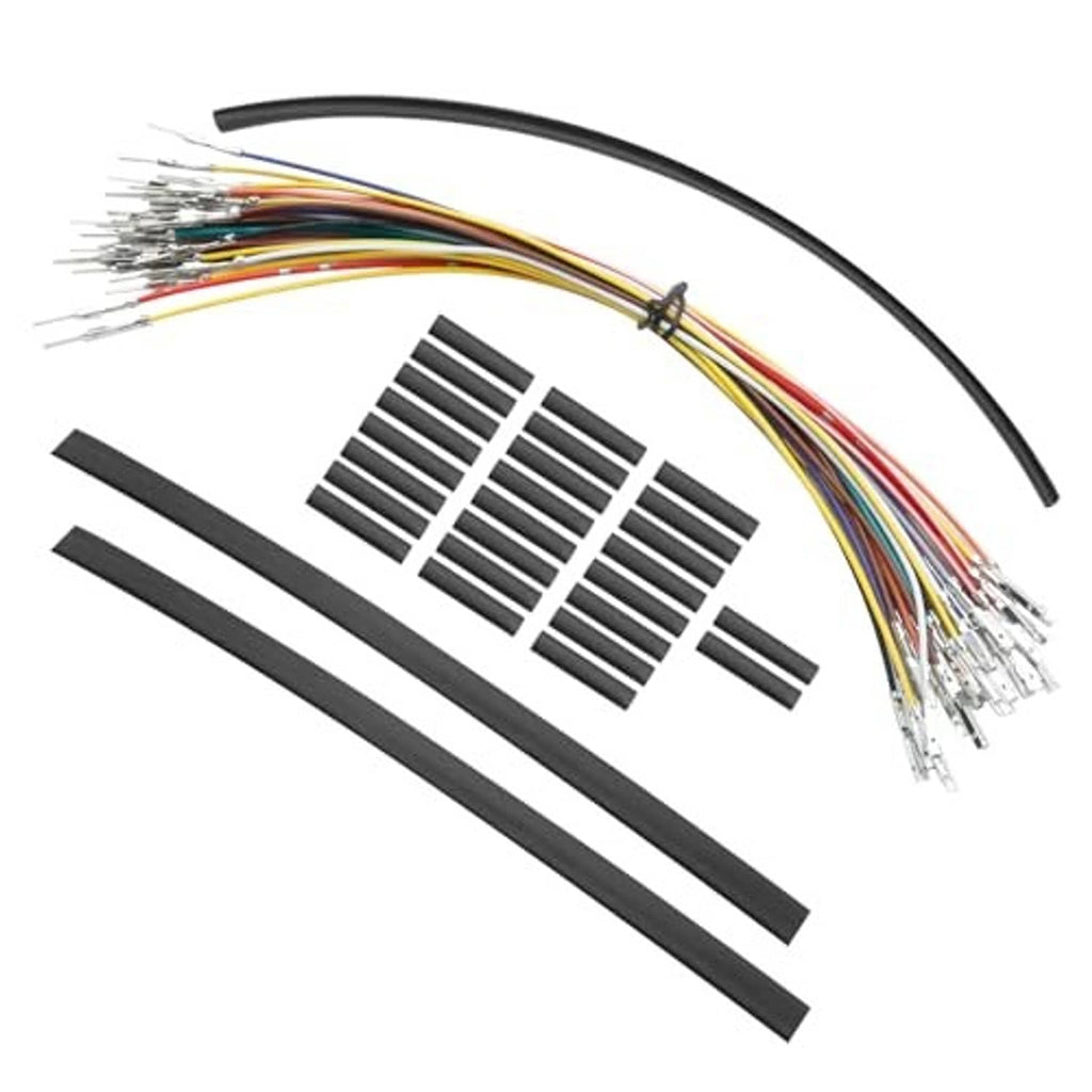 Wiring extension harness kit with multicolor wire leads, black sleeves, and protective strips