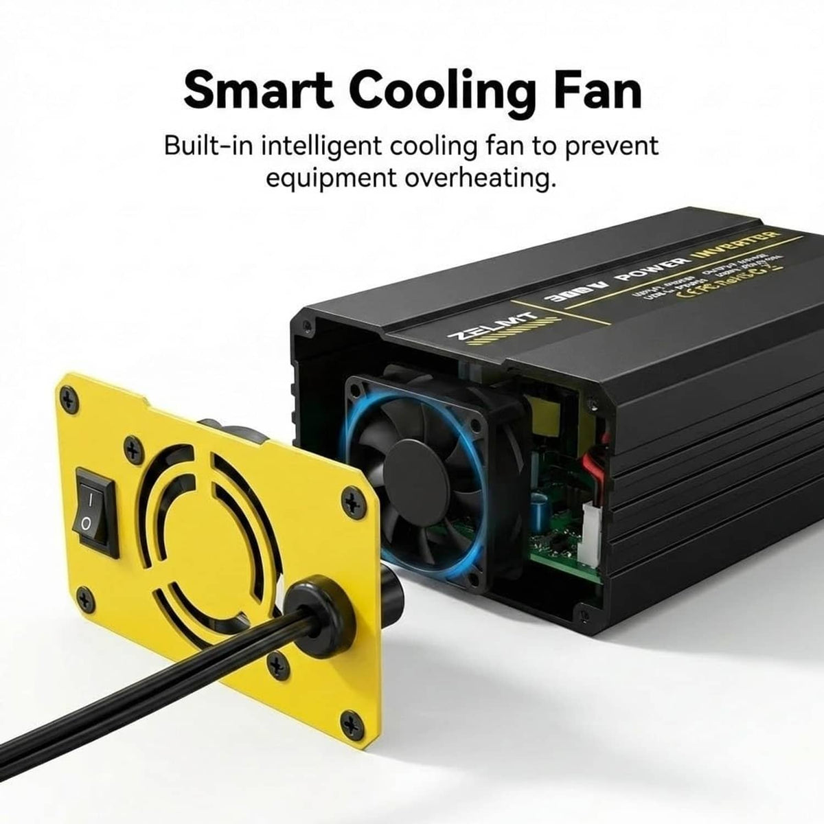 ZELMT 300W inverter showing internal cooling fan and black yellow power housing