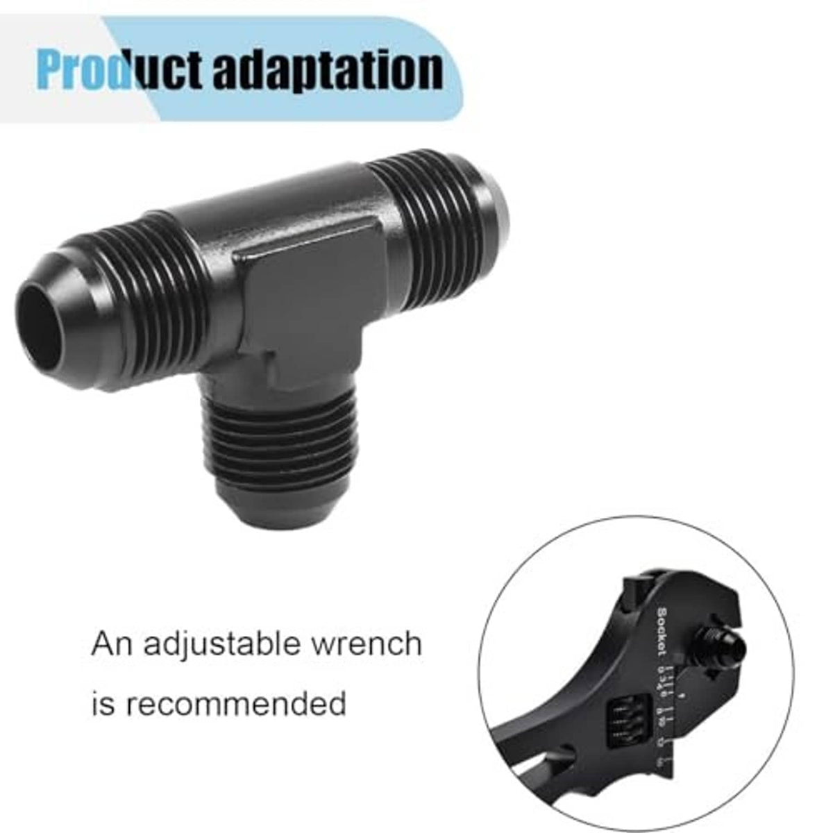 Black T fuel hose union adapter with male AN threads and wrench-fit hex section