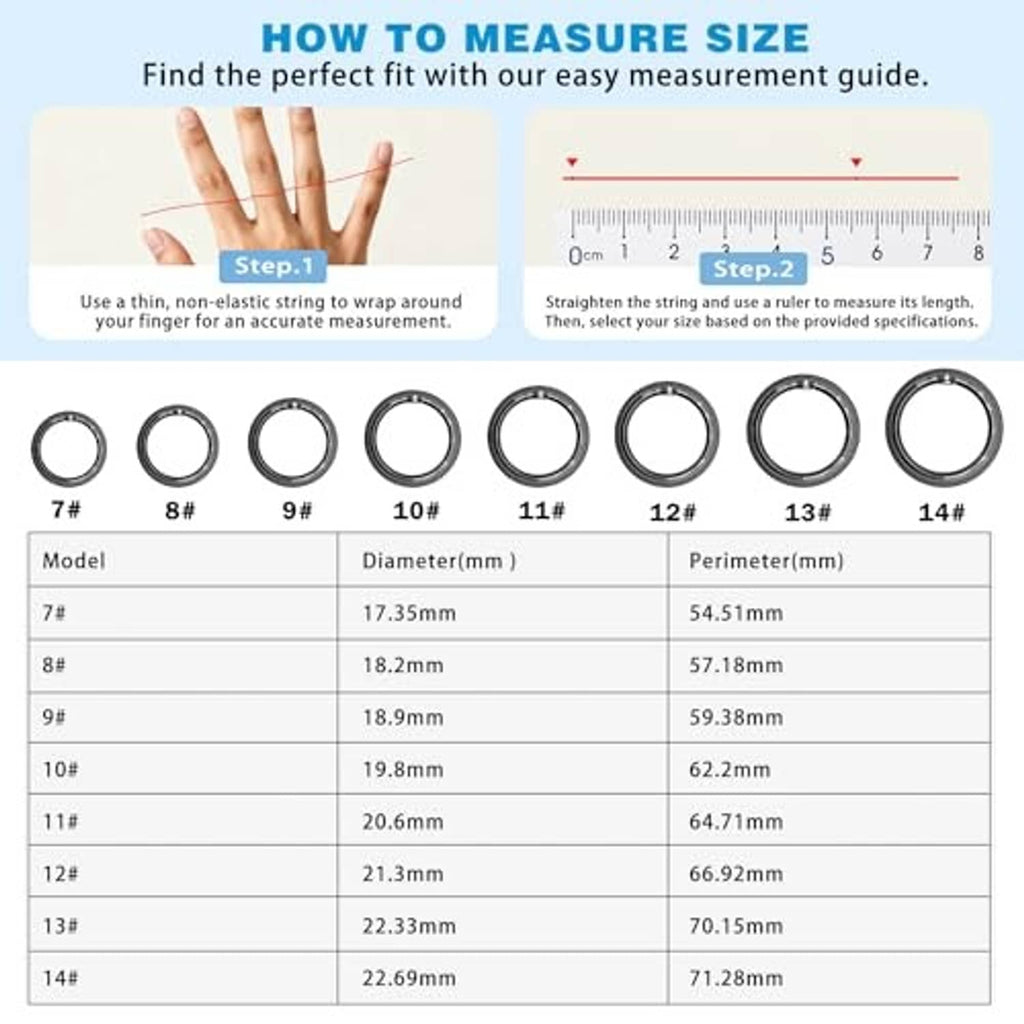 Set of black ring sizes 7–14 shown with measurement guide for diameter and perimeter.