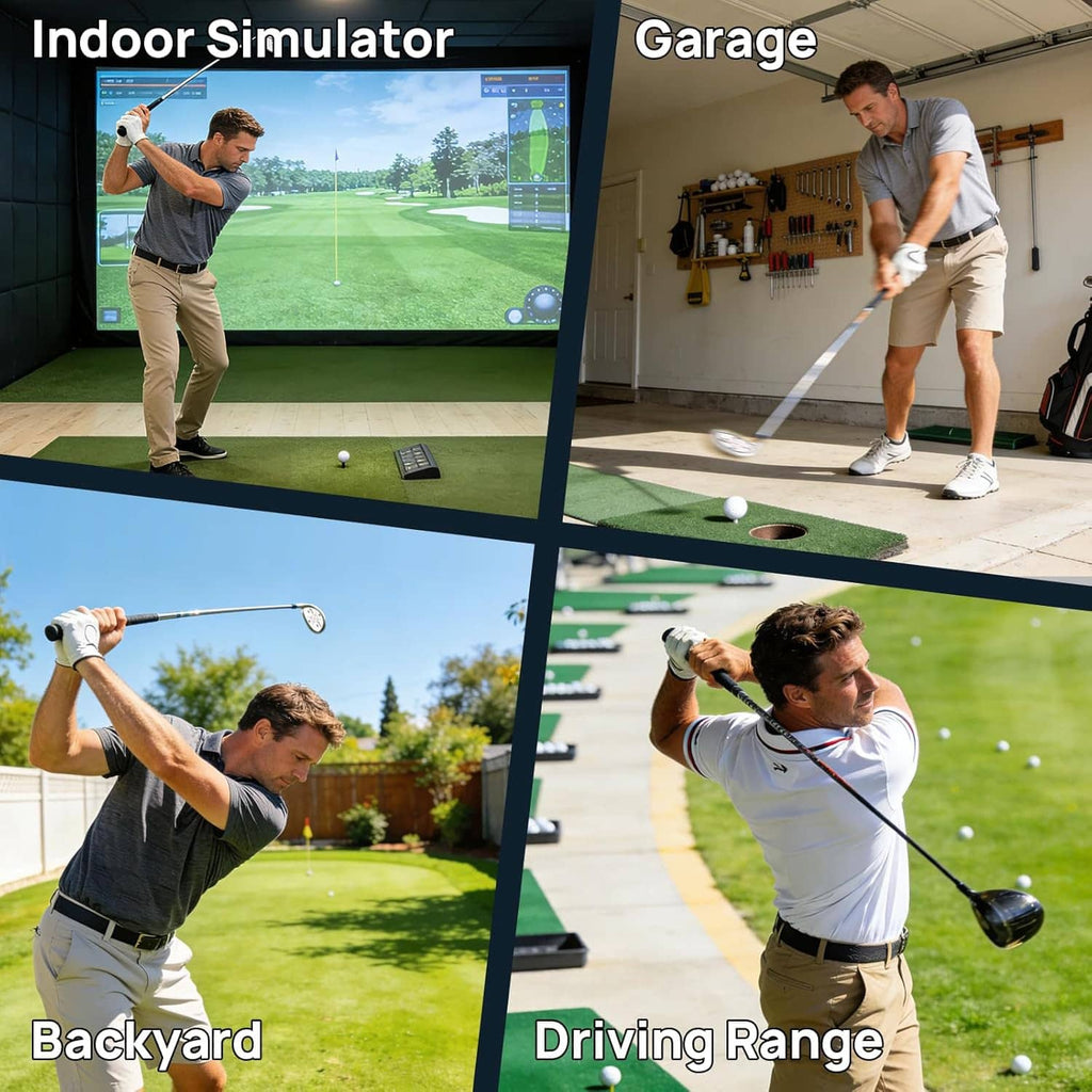 Golf clubs with impact sticker targets used indoors, in a garage, backyard, and driving range