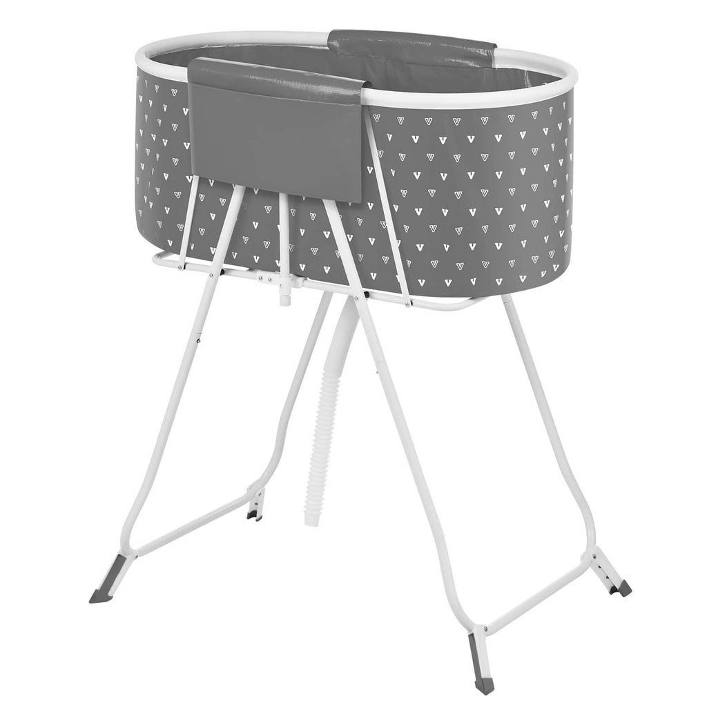 Gray foldable elevated dog bath tub with drain hose and triangular pattern, angled view