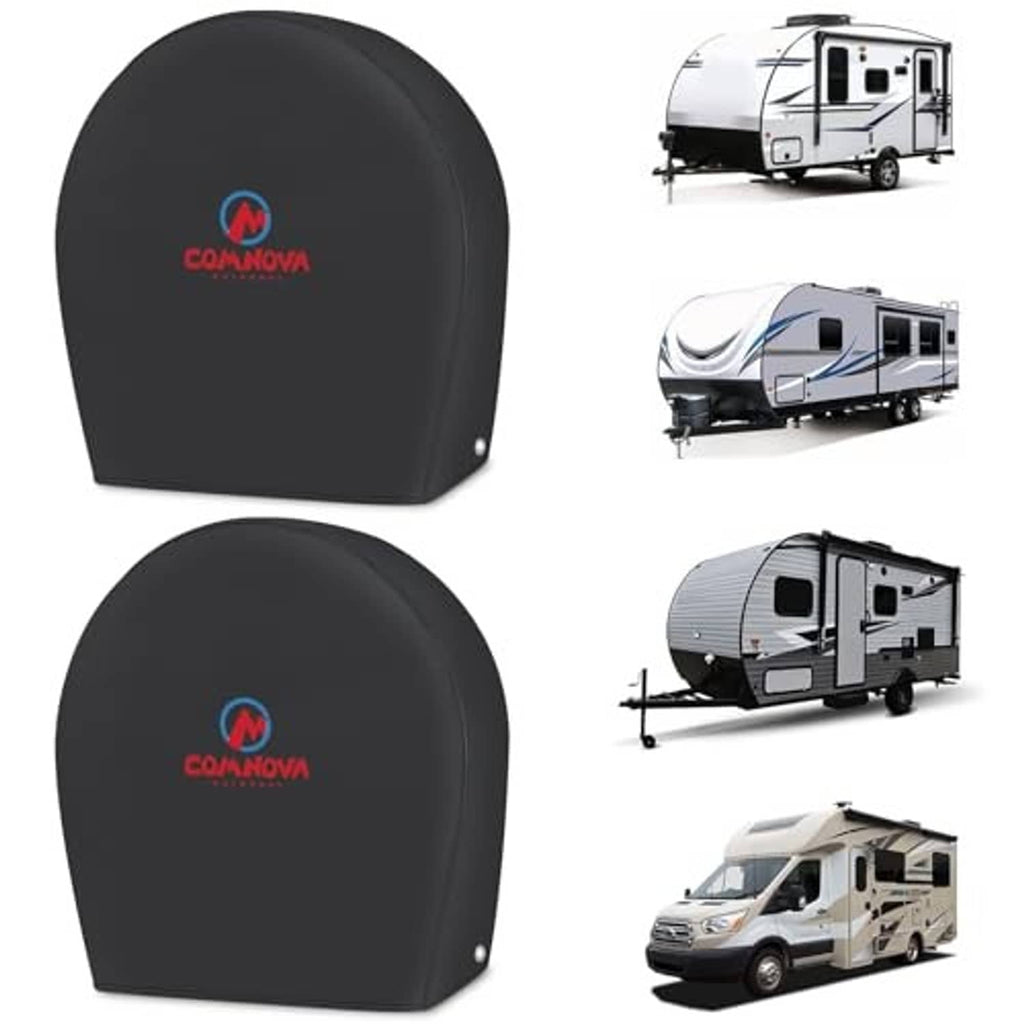 Two black RV tire covers with logo, dome-shaped cover with small corner grommets