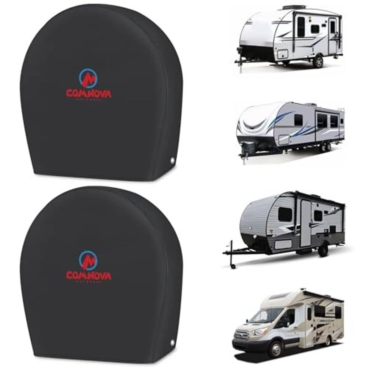 Two black RV tire covers with logo, dome-shaped cover with small corner grommets
