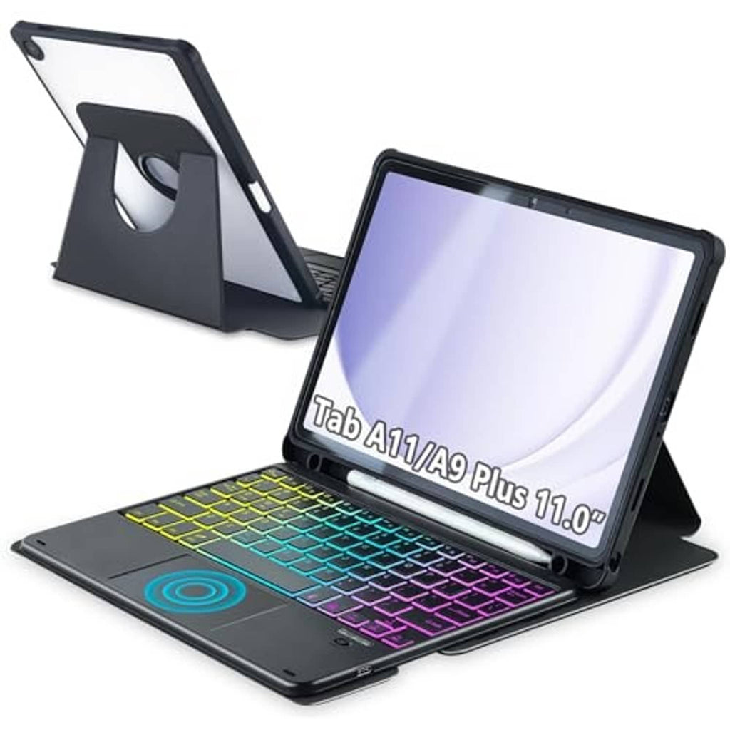 Black keyboard case with touchpad and rainbow backlit keys, tablet propped in landscape