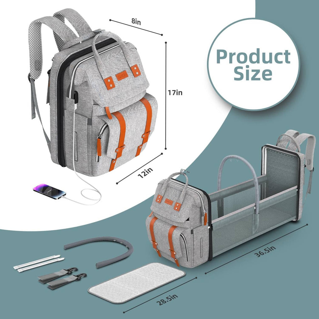 Dark grey diaper bag backpack with fold-out changing station and included rods and mat