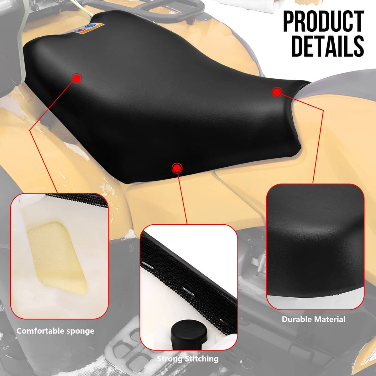 ATV seat detail, black textured surface with strong stitching and foam padding