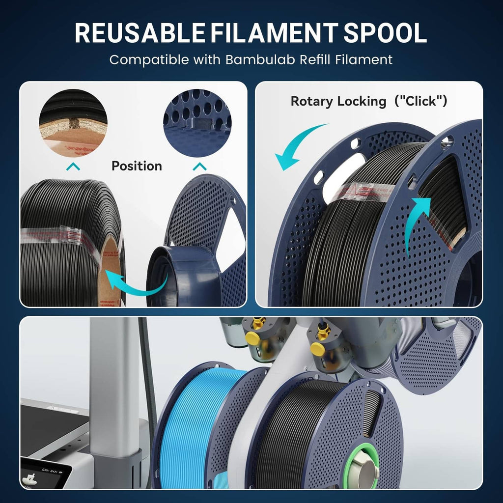 Reusable filament spool with rotary locking and blue-wind filament roll