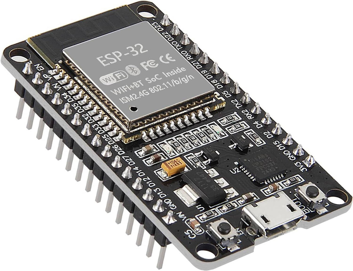 ESP-32 dev board with onboard ESP-32 module, dual-row pins, and USB port