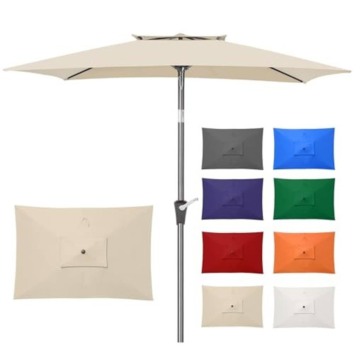 Beige rectangular patio umbrella with double canopy and side tilt hinge