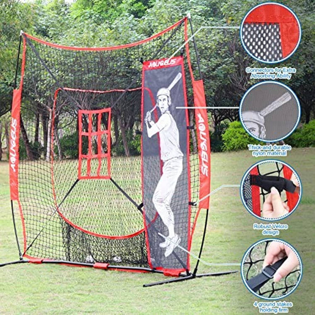 Baseball practice net outdoors with red mesh, black frame, strike-zone target and batter dummy