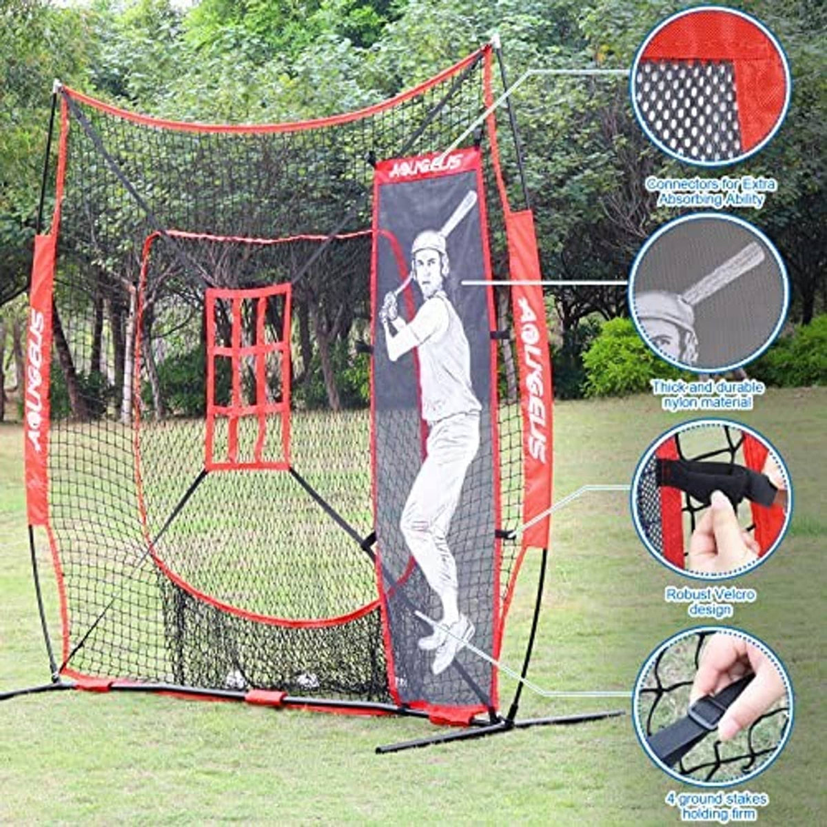 Baseball practice net outdoors with red mesh, black frame, strike-zone target and batter dummy