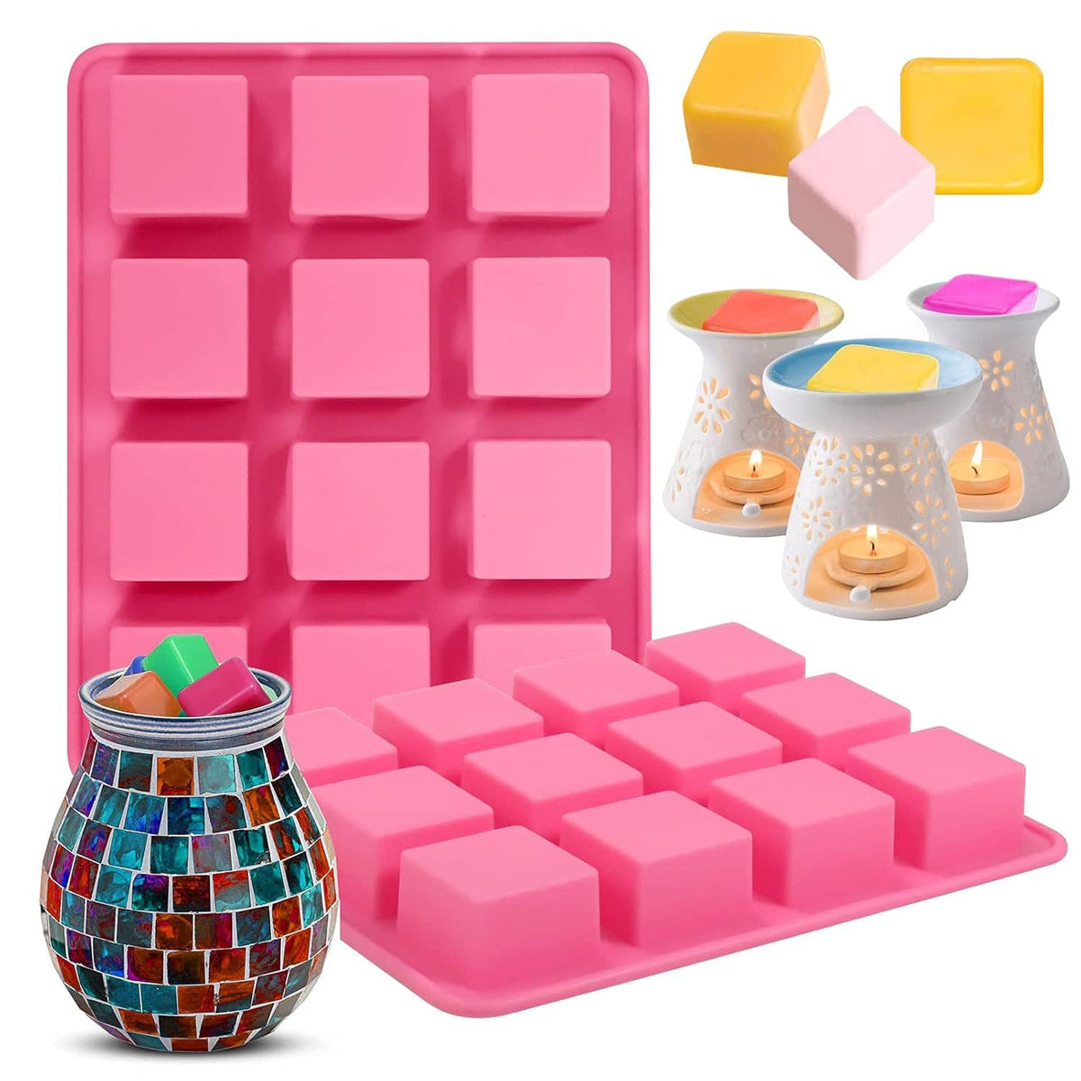 Silicone wax melts mold set with pink 12-cavity square tray and example wax cubes