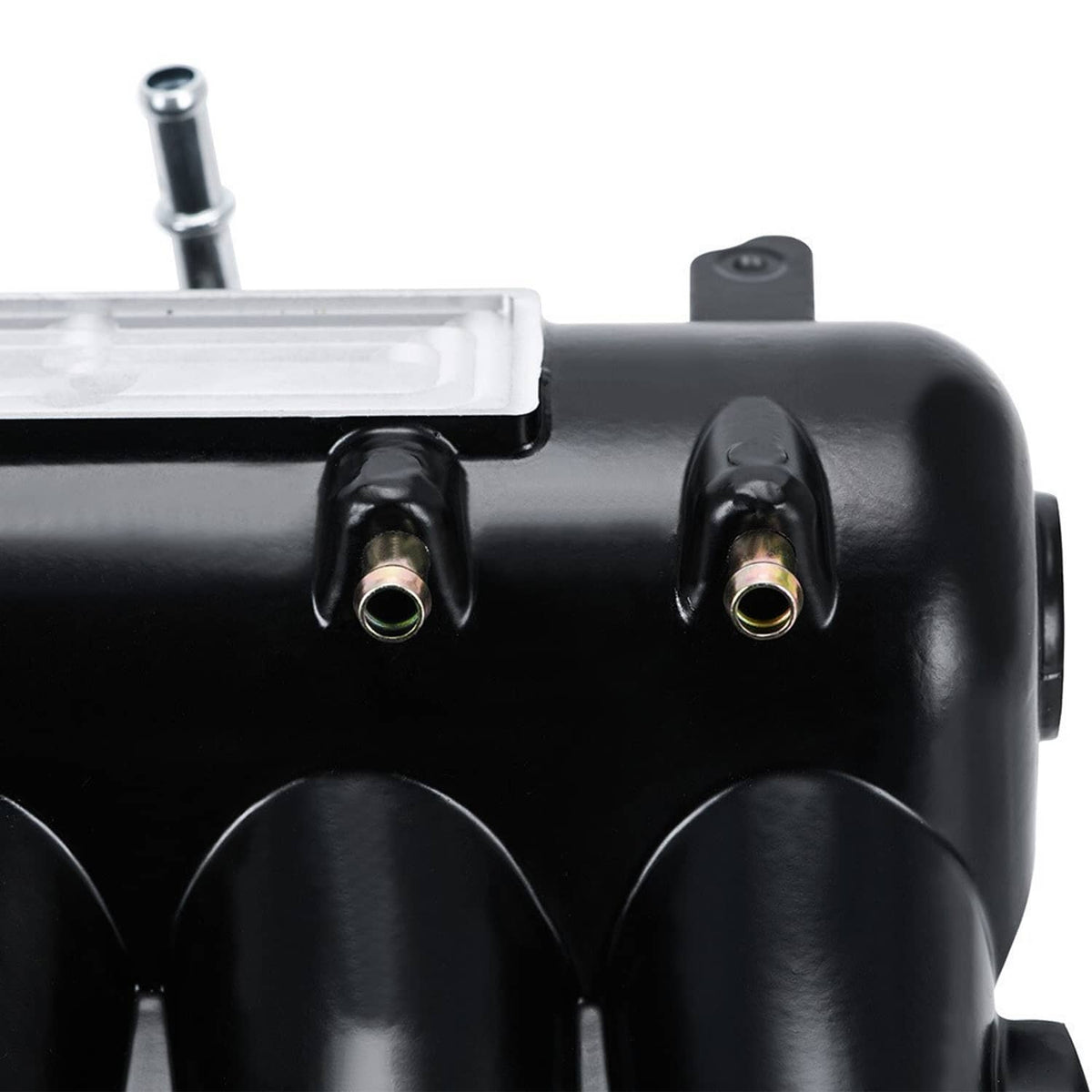 Black intake manifold housing with two threaded fittings on the top edge