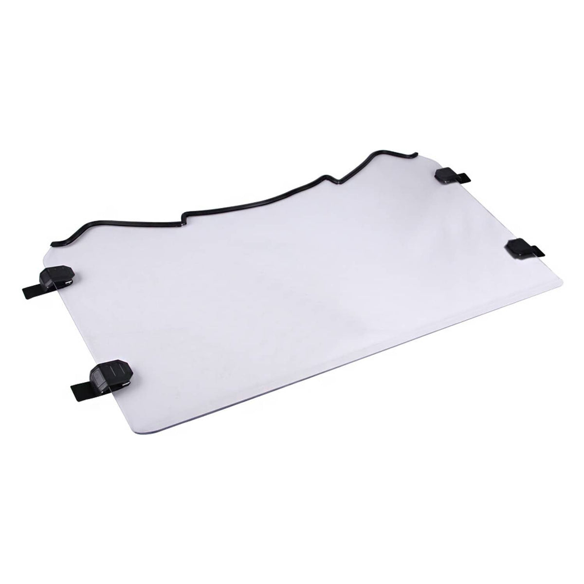 Clear UTV windshield sheet with black mounting pads and curved lower edge