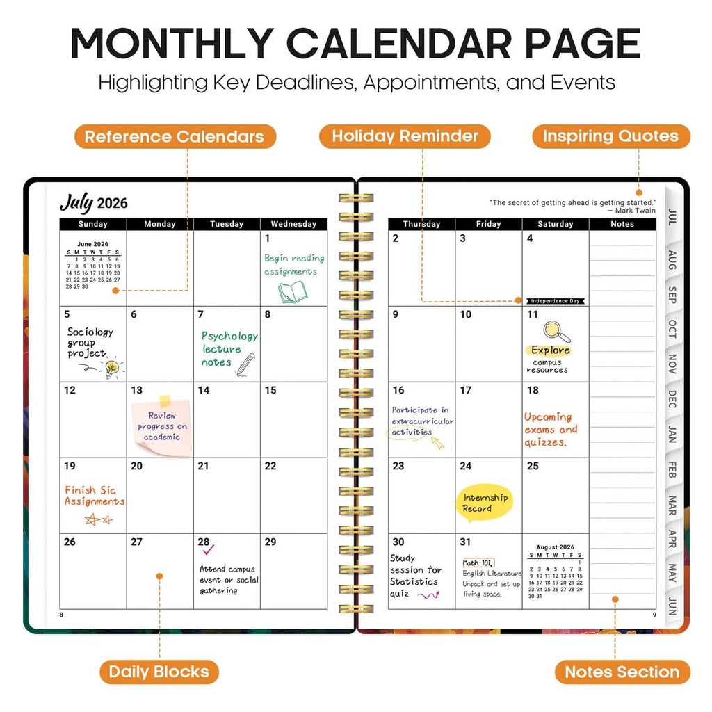 Monthly calendar page spread with highlighted key dates, holidays, and inspiring quotes
