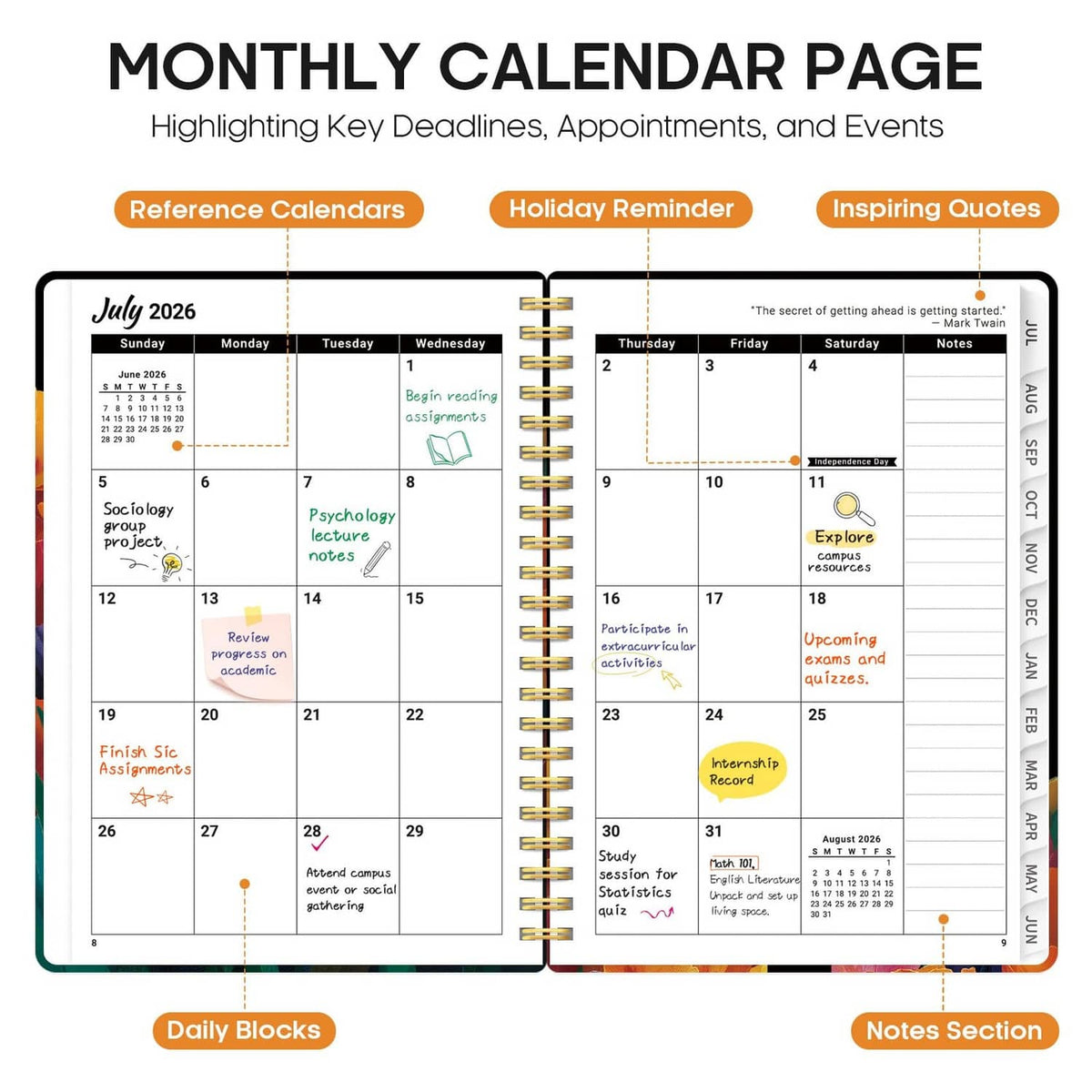 Monthly calendar page spread with highlighted key dates, holidays, and inspiring quotes