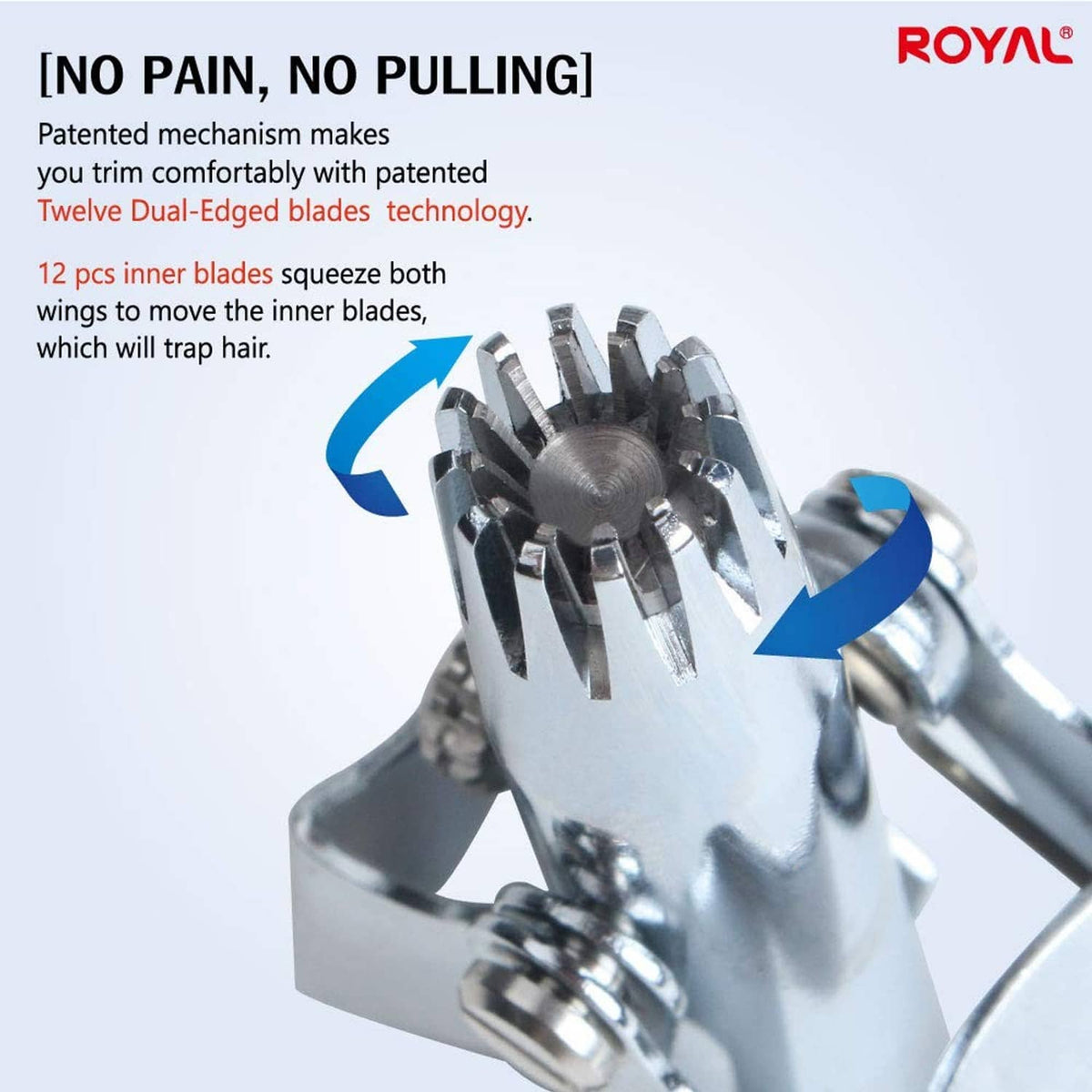 Close-up of silver dual-edged blades on a manual nose and ear hair trimmer