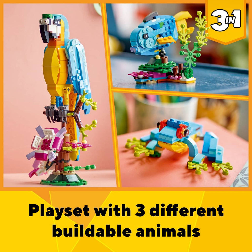 LEGO 3-in-1 exotic animal models: blue parrot and other colorful builds on display