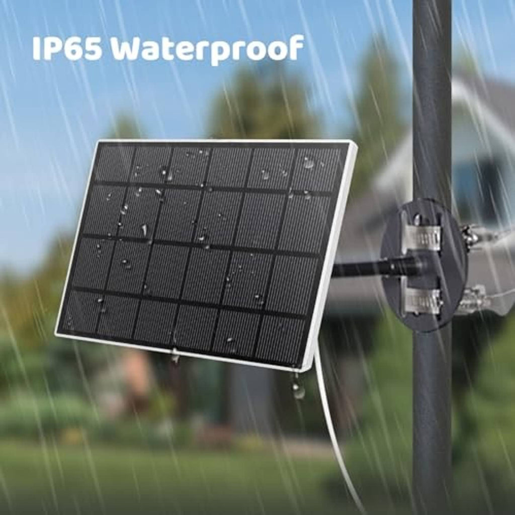 Black solar panel with white frame and wall bracket for outdoor charging