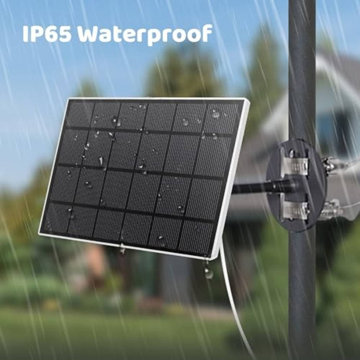Black solar panel with white frame and wall bracket for outdoor charging