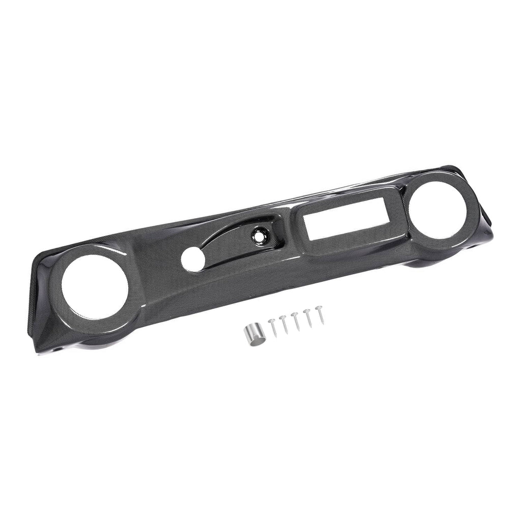 Golf cart dashboard cover, carbon fiber style black with center rectangle and round speaker cutouts