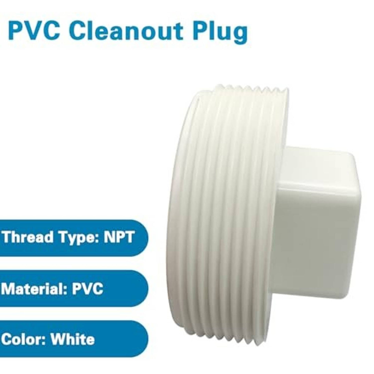 White PVC cleanout plug with NPT threaded rim and square exterior cap