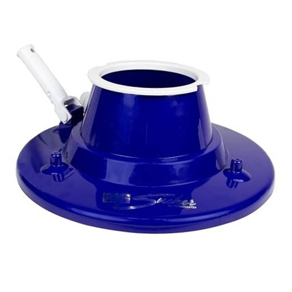 Blue manual swimming pool leaf vacuum head with white inlet and suction base