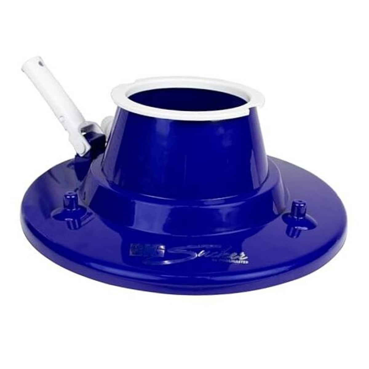 Blue manual swimming pool leaf vacuum head with white inlet and suction base
