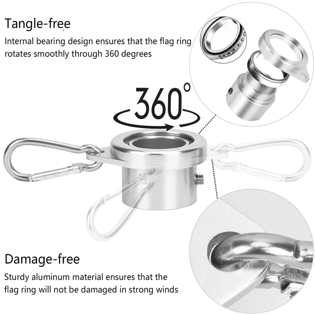 Silver flag pole swivel base with 360-degree rotating flag ring and safety clips