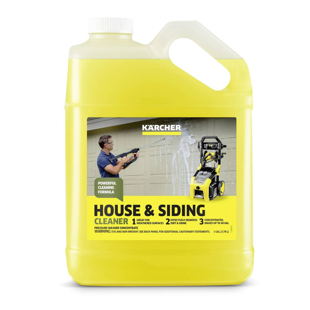 Green house and siding cleaner jug with white cap and molded carry handle