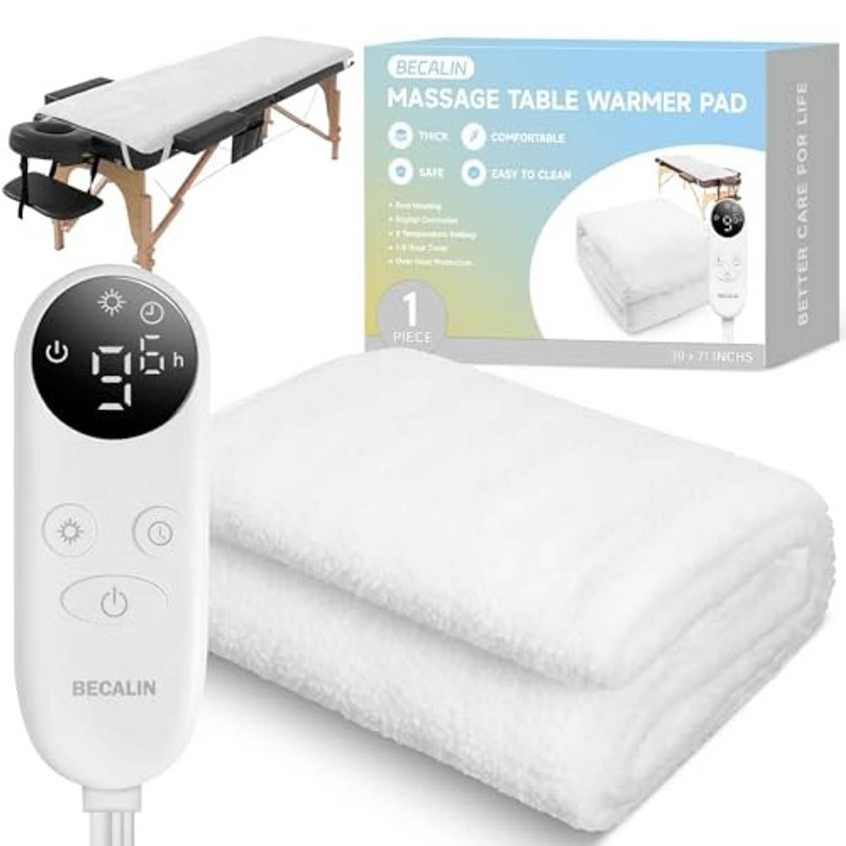 Massage bed warmer pad with white cover and black controller display and buttons