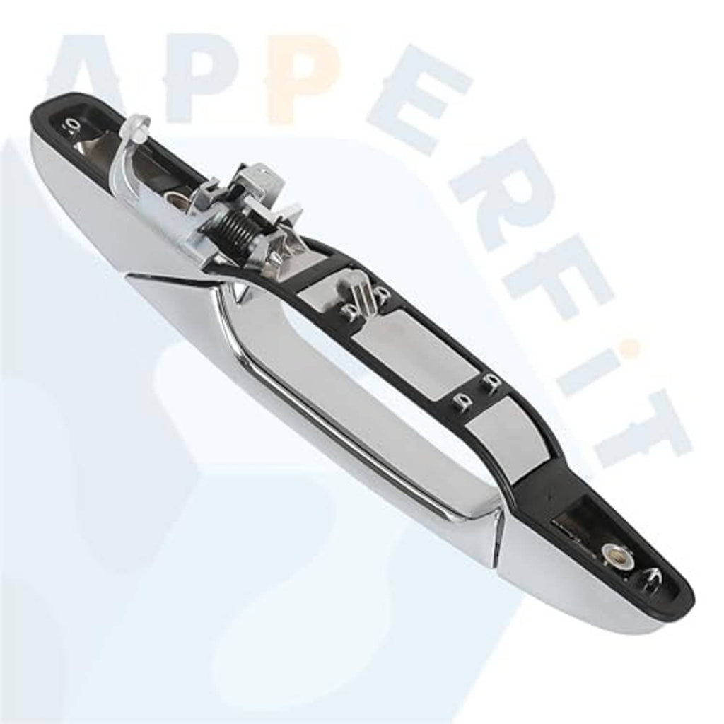 Exterior door handle assembly showing chrome lever and black mounting base.