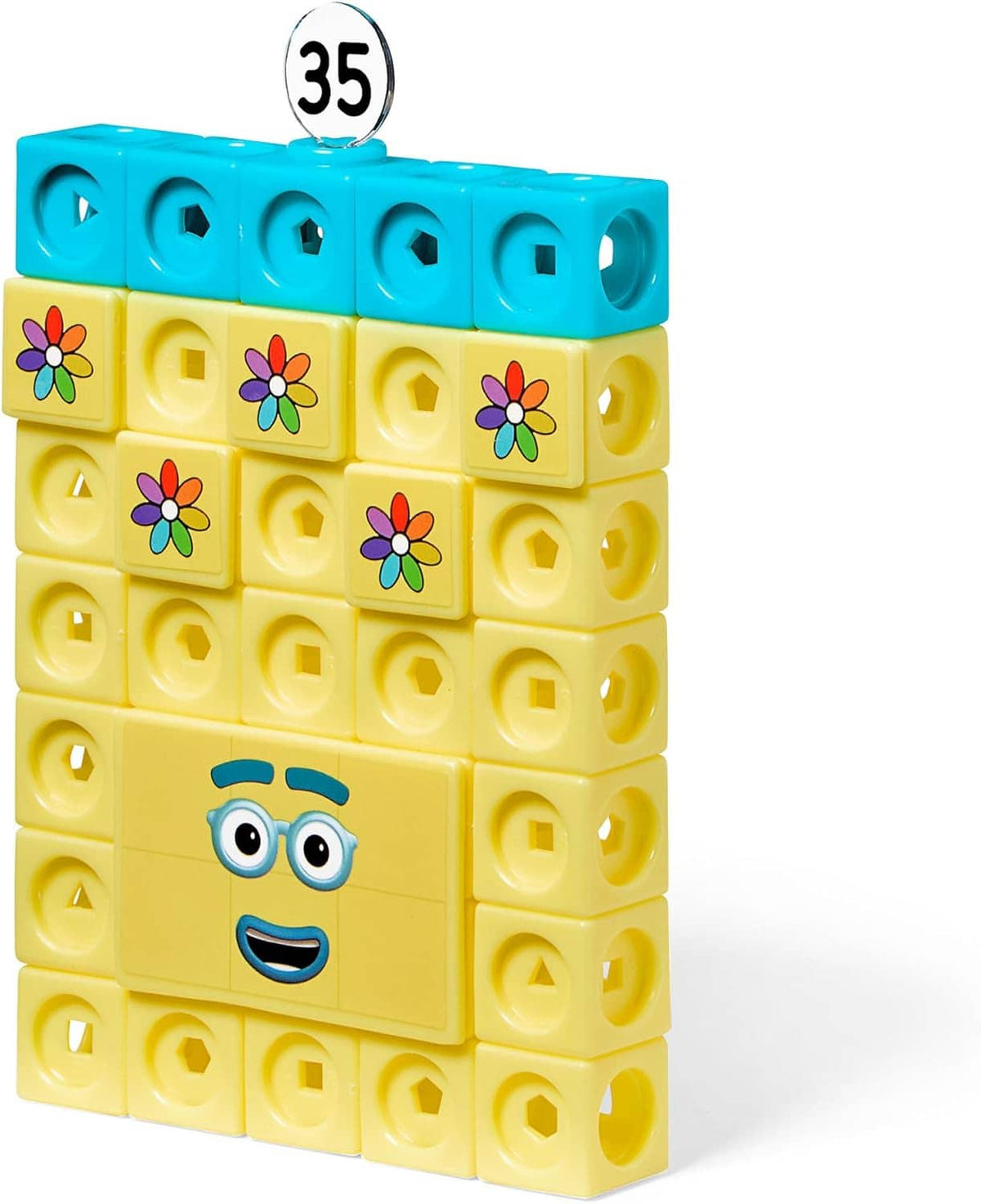 Blue and yellow Numberblocks cube with flower icons and number 35 tag