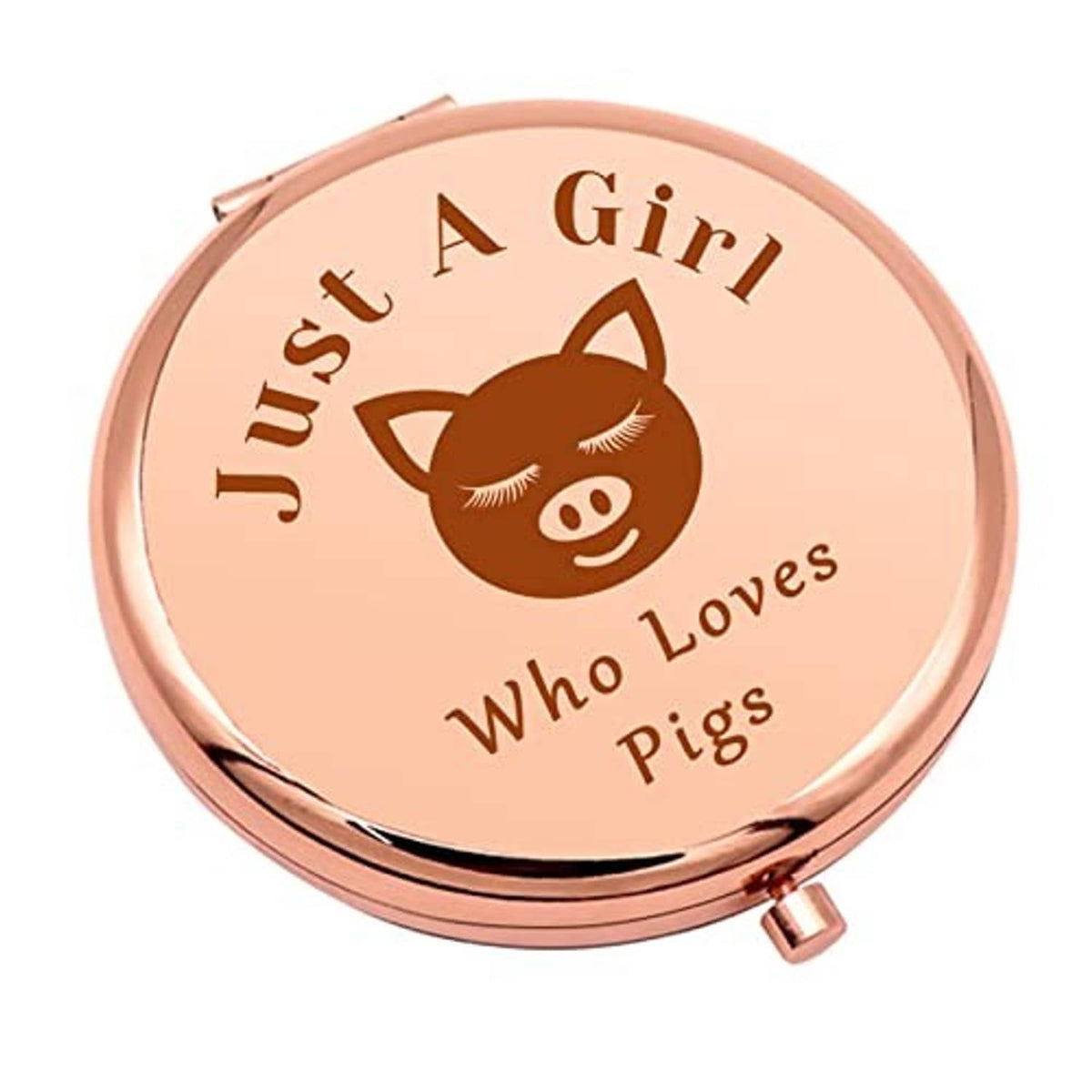 Rose-gold compact makeup mirror with pig graphic and hinged cover