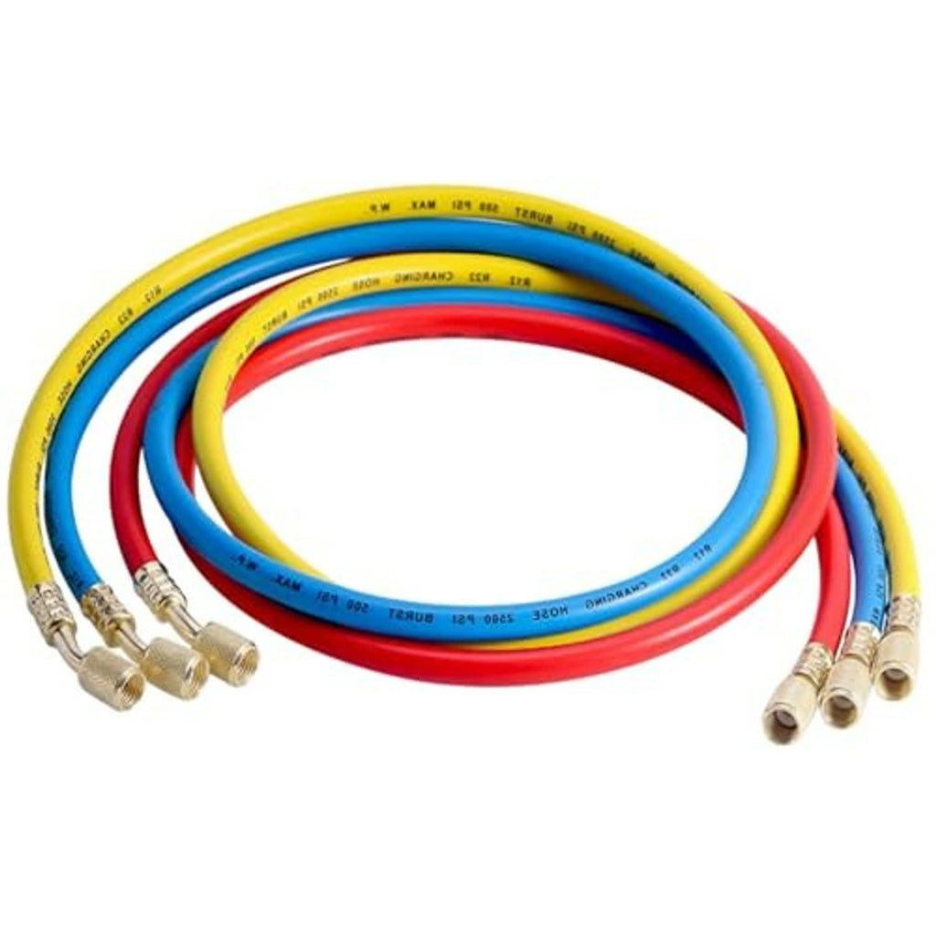 Three-hose AC manifold gauge hose kit with brass end connectors in yellow, blue, and red