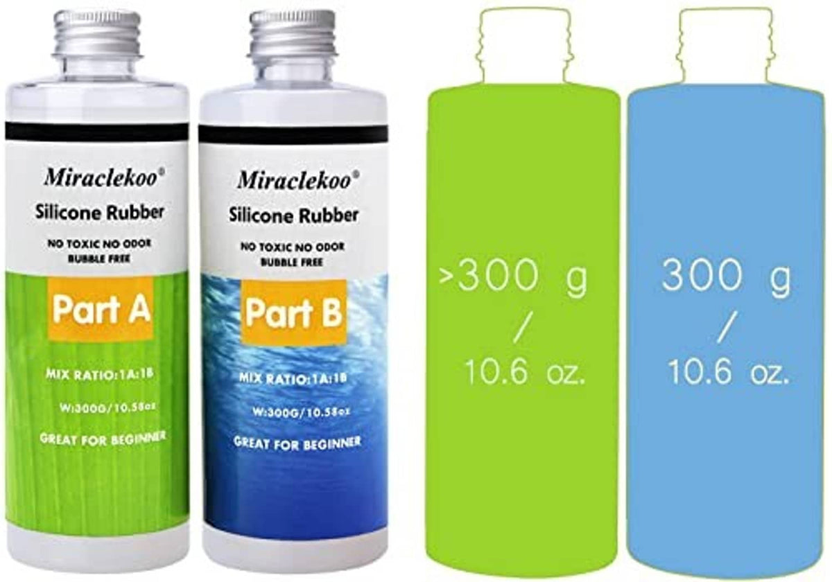 Silicone rubber kit bottles: Part A green and Part B blue, 300 g each