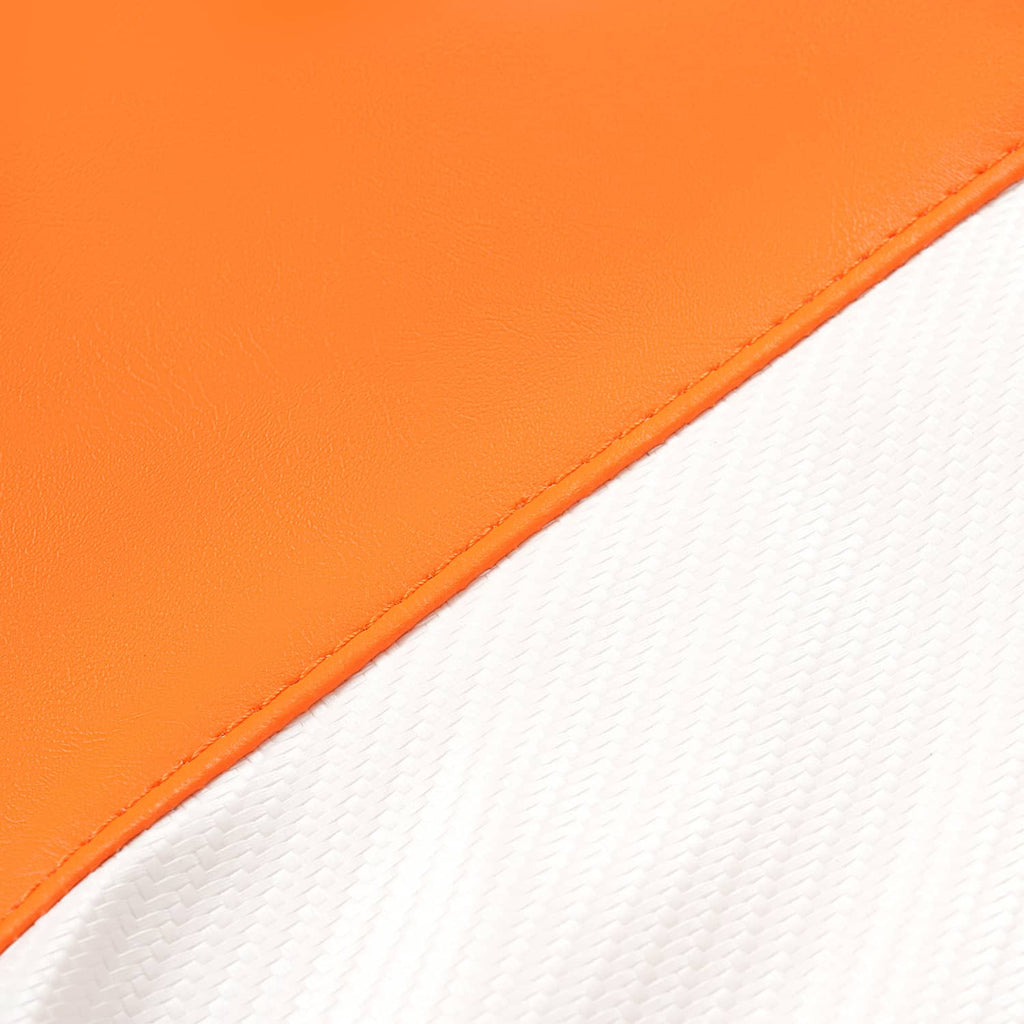 Seat cover close-up, orange panel with white textured section and stitched border