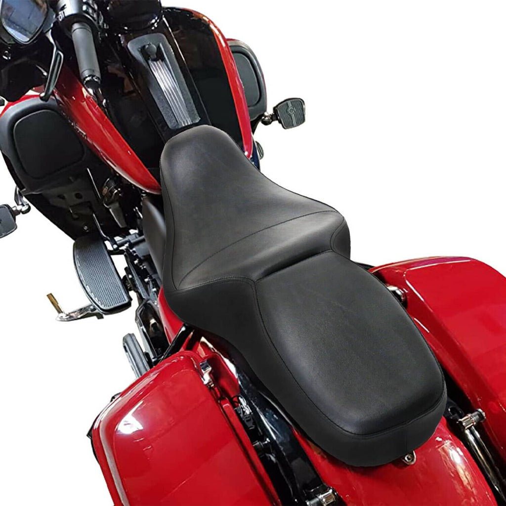 Black motorcycle rider and passenger seat, wide pad with smooth top and side bolsters