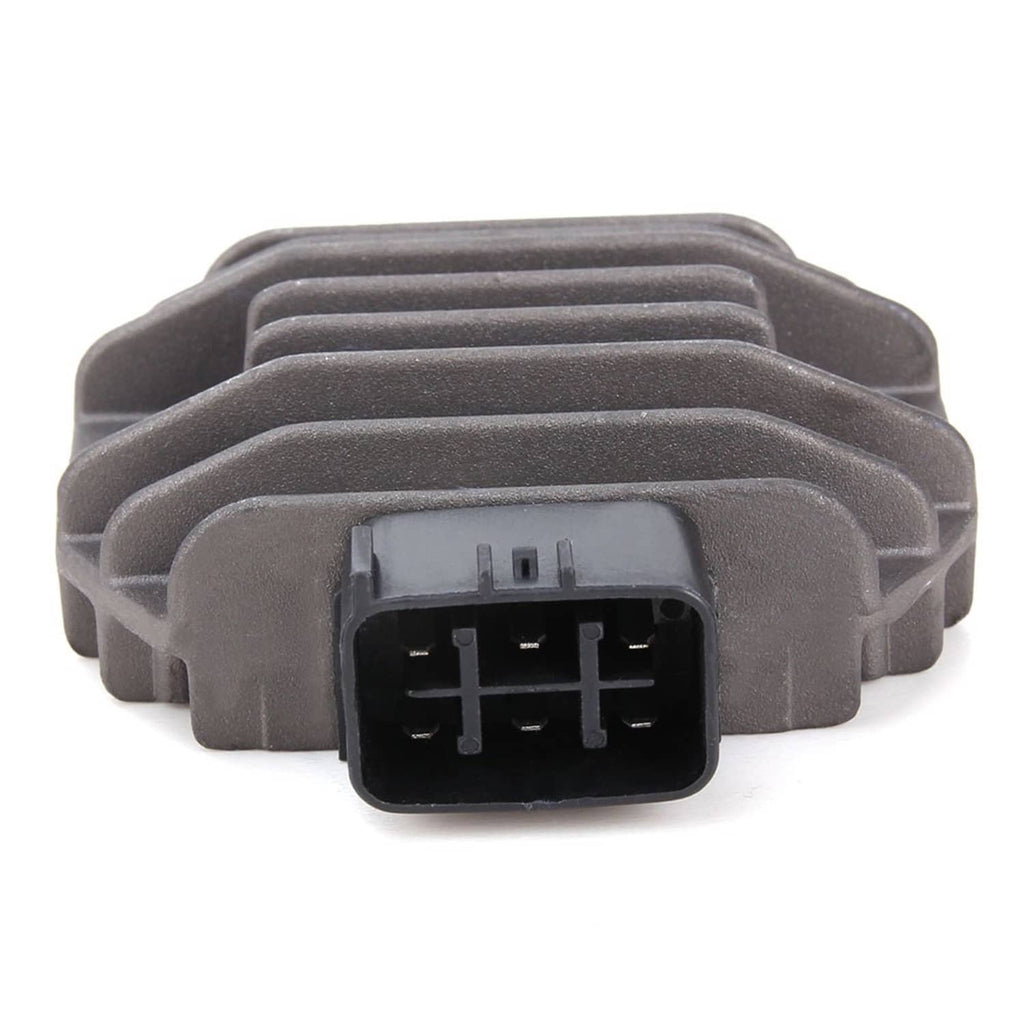 Voltage regulator rectifier module with front multi-pin connector on dark gray fins