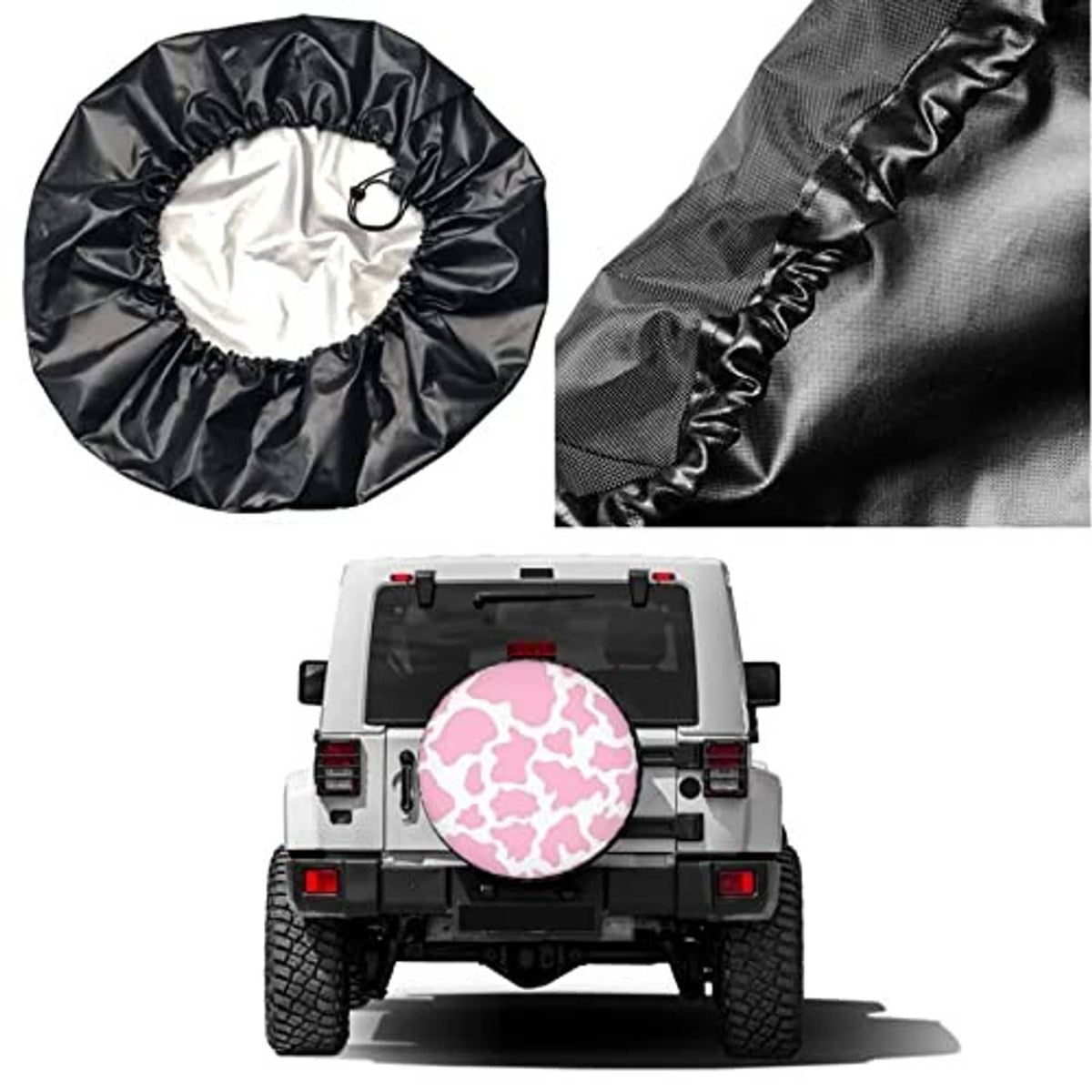 Black and gray storage bag pieces plus a pink cow-print round tire cover